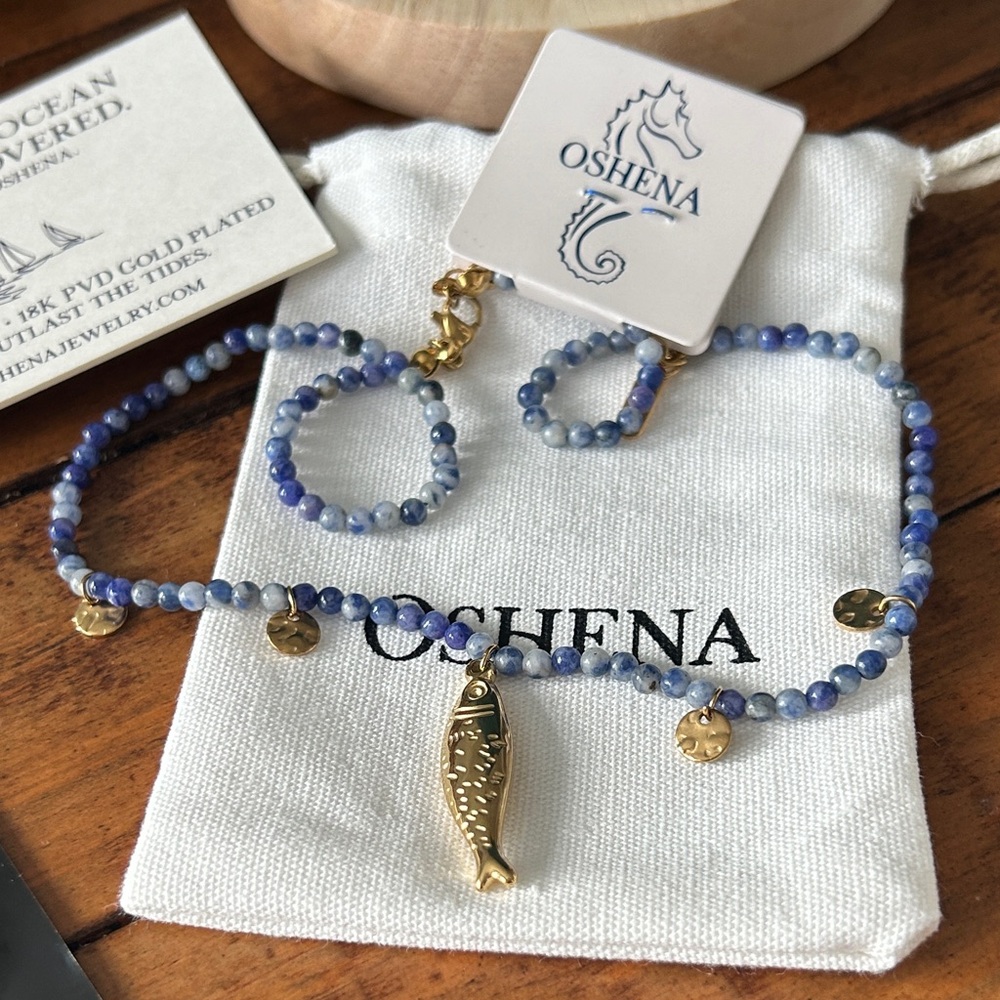 Oshena Designer beachwear Blue and Gold Beaded necklace